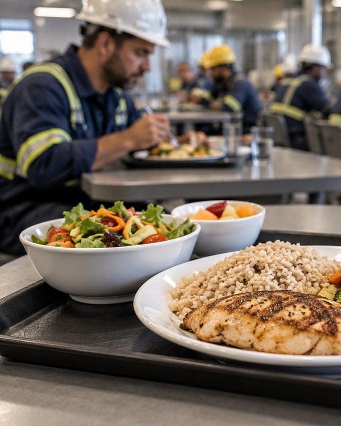Trabajadores con casco y chaleco almorzando en un comedor industrial, con una bandeja servida en primer plano