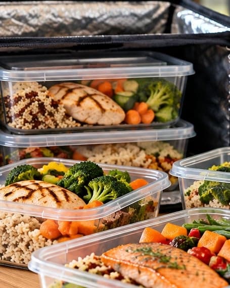 Recipientes con comidas preparadas de pollo, salmón, granos y vegetales dentro de una bolsa térmica