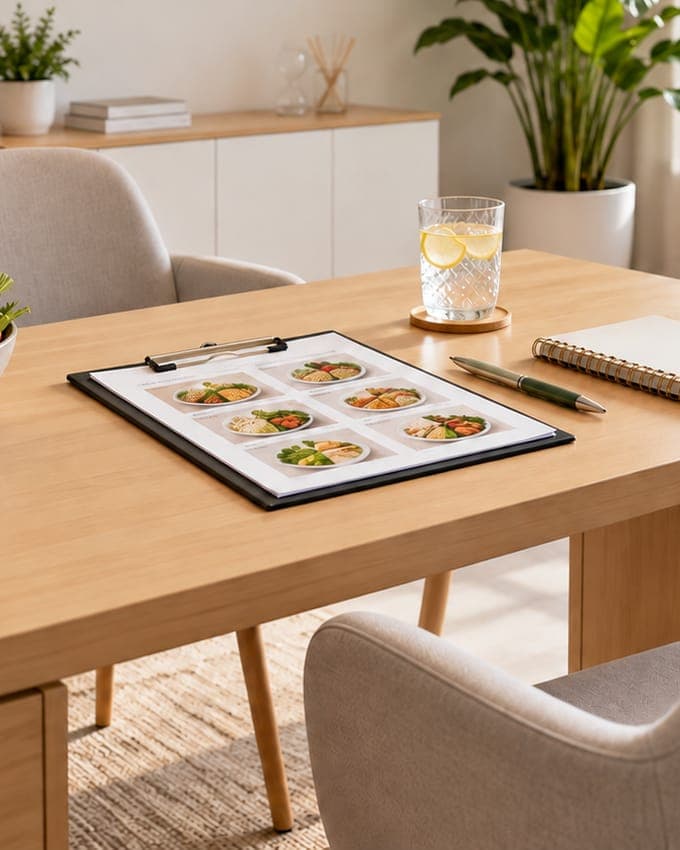 Escritorio del consultorio con un plan de comidas, frutas, verduras y un vaso de agua