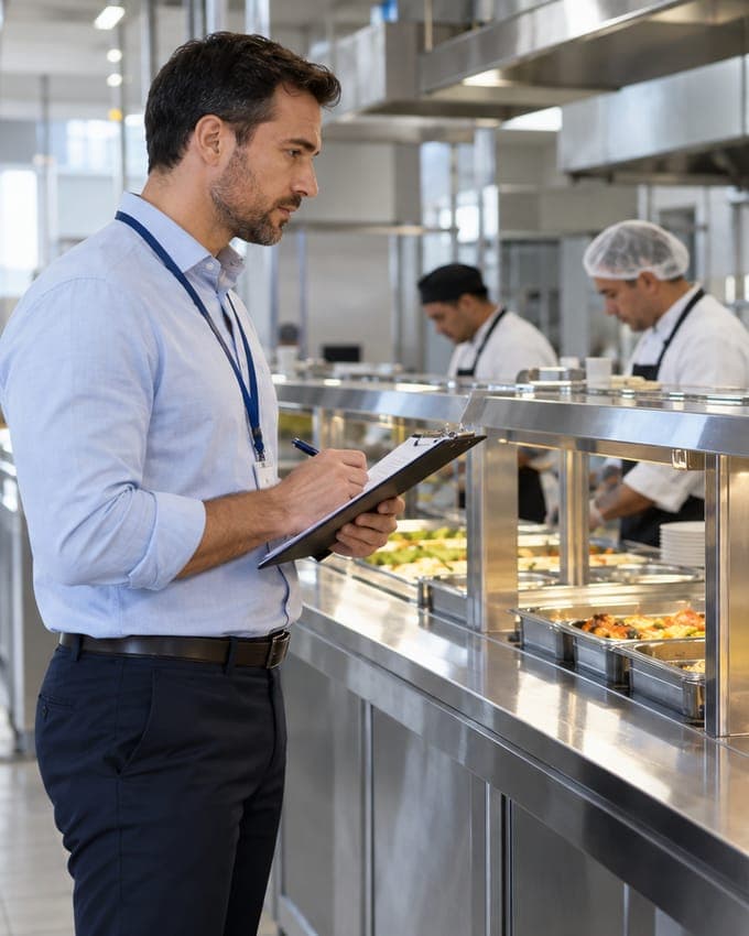 Profesional con una planilla revisando la línea de servicio de un comedor industrial