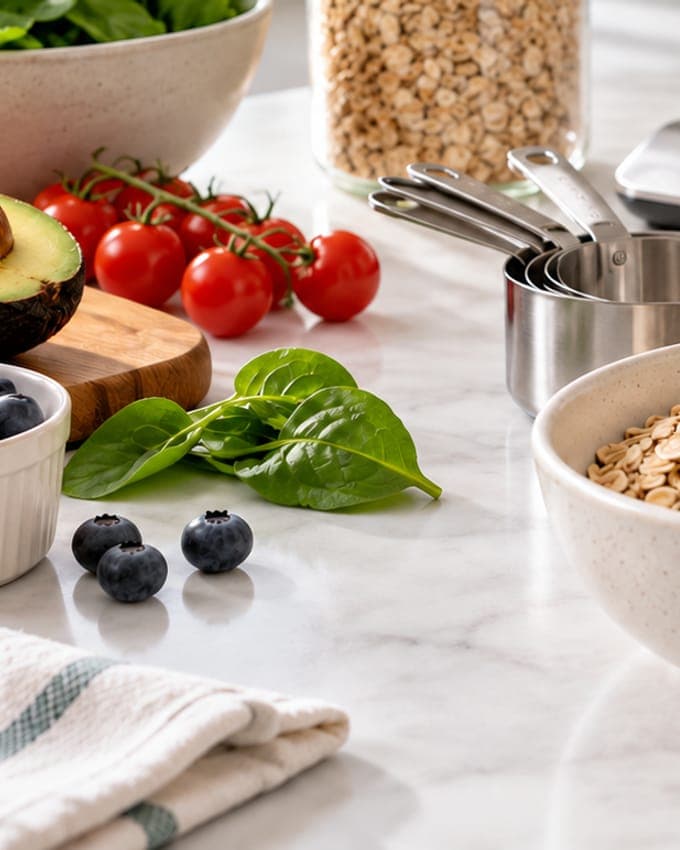 Tazas medidoras, tomates, espinacas y avena para aprender a medir porciones