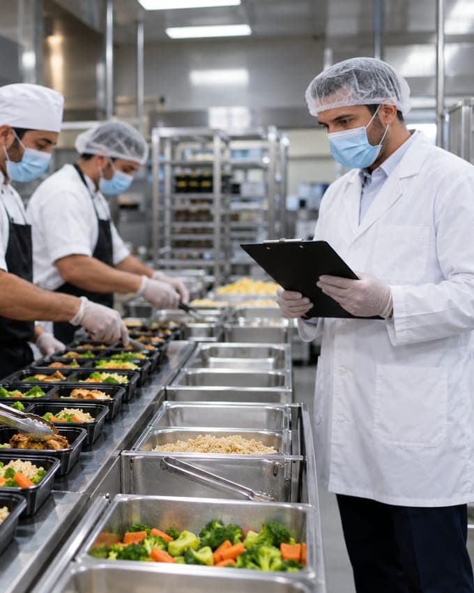 Personal de cocina con gorro, tapabocas y guantes sirviendo, supervisado por un profesional con planilla