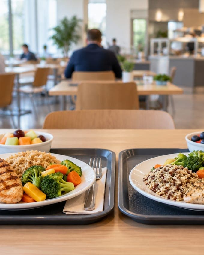 Dos bandejas de comedor, una al lado de la otra, con platos de pollo, granos y vegetales
