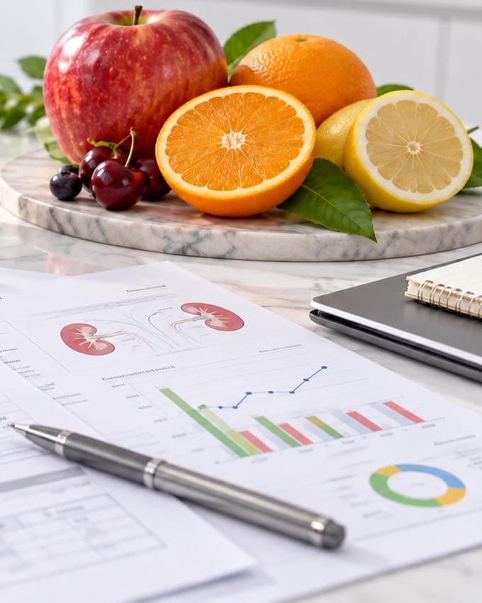 Frutas, cerezas y un vaso de agua junto a exámenes de laboratorio