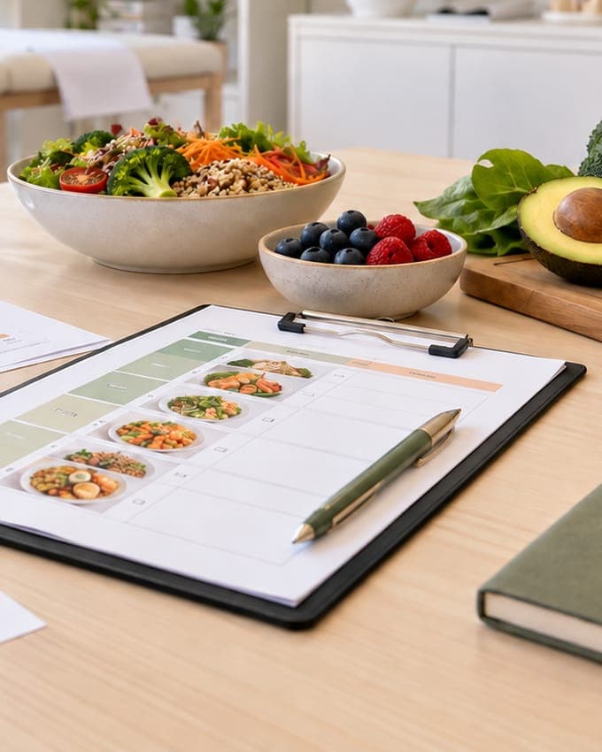 Plan de alimentación en una carpeta junto a una ensalada, frutas y gráficas de seguimiento