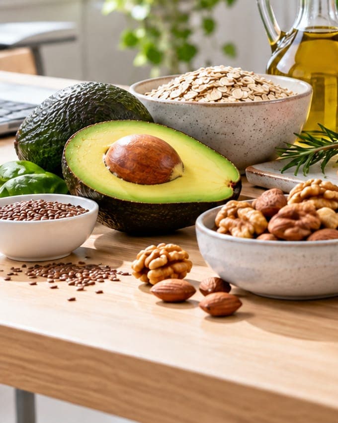 Aguacate, avena, aceite de oliva, nueces y vegetales sobre la mesa