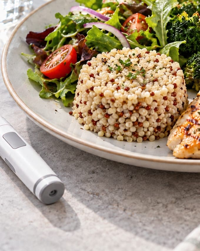 Plato con ensalada, quinoa y pollo a la plancha junto a un dispositivo para medir la glucosa