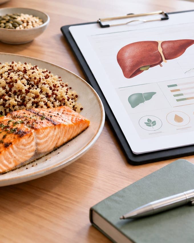 Plato con salmón y quinoa junto a una carpeta con un esquema del hígado