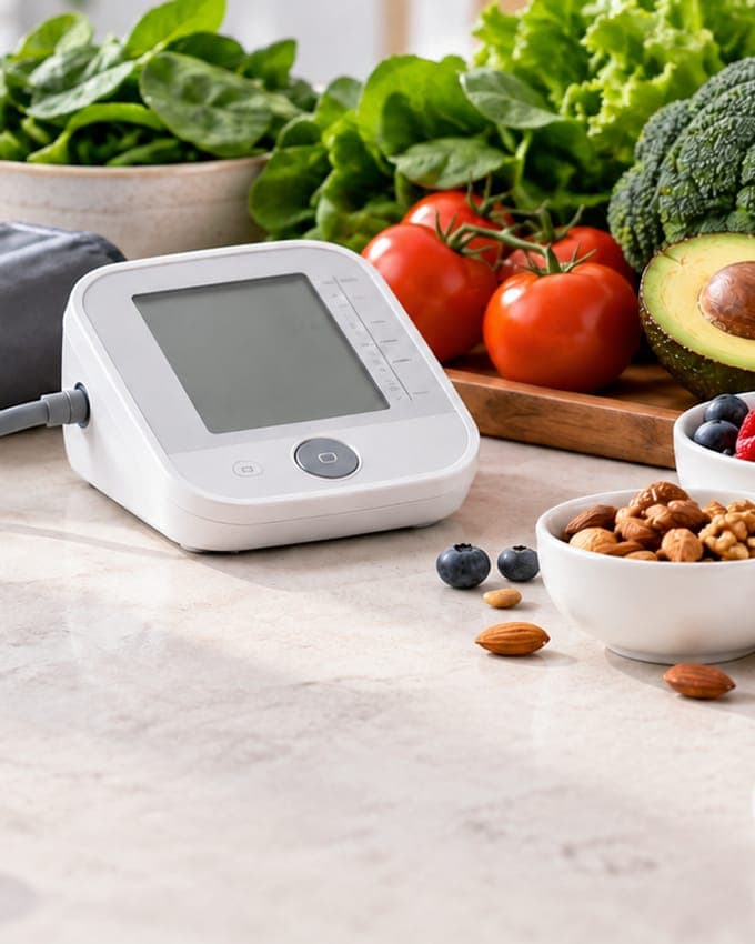 Tensiómetro junto a vegetales verdes, tomates, aguacate y frutos secos