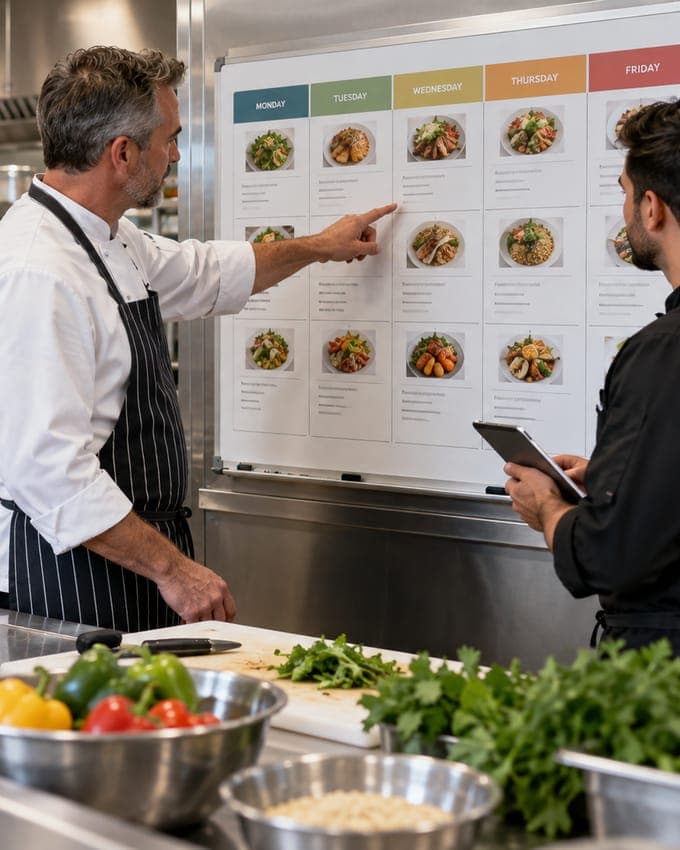 Personal de cocina revisando un menú semanal en una pizarra dentro de la cocina del comedor
