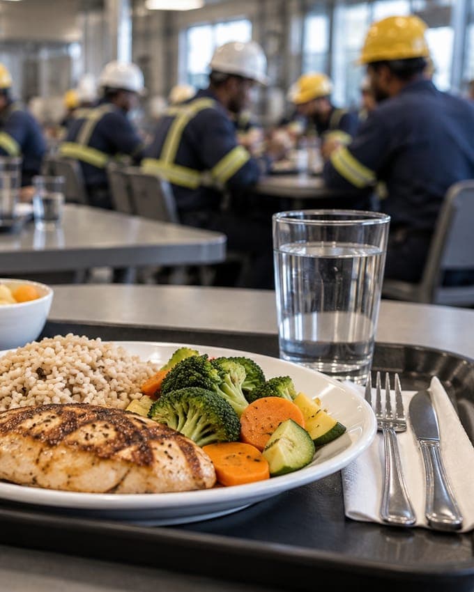 Bandeja de comedor con pollo, arroz, vegetales, ensalada y fruta; al fondo, trabajadores con casco